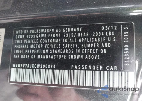 2012 Volkswagen Gti 2-Door from USA, damaged, VIN WVWFV7AJXCW300884
